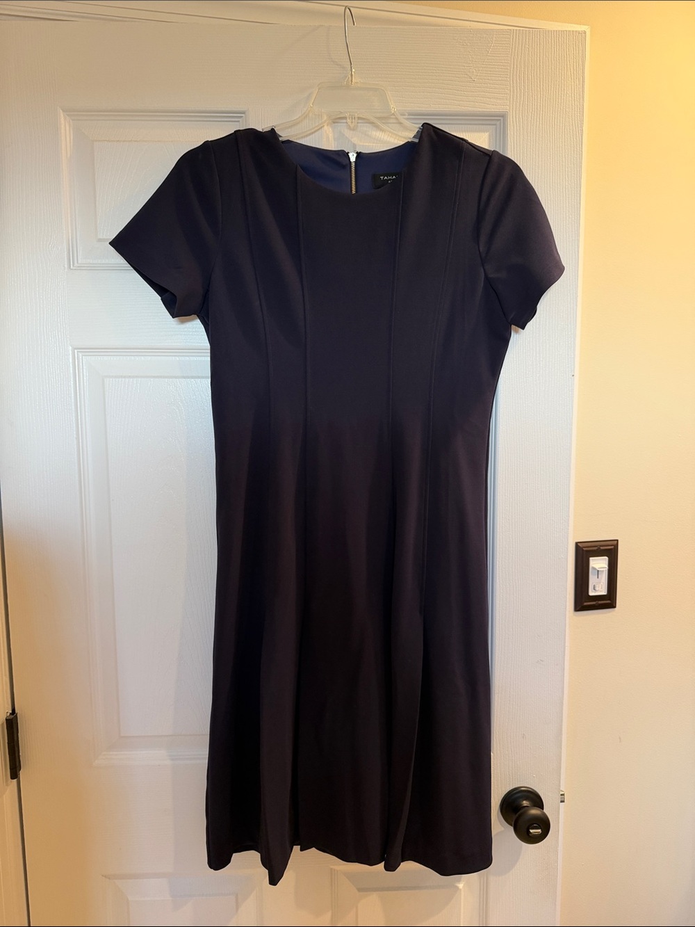 Tahari ASL Short-Sleeve A-Line Dress in Deep Navy